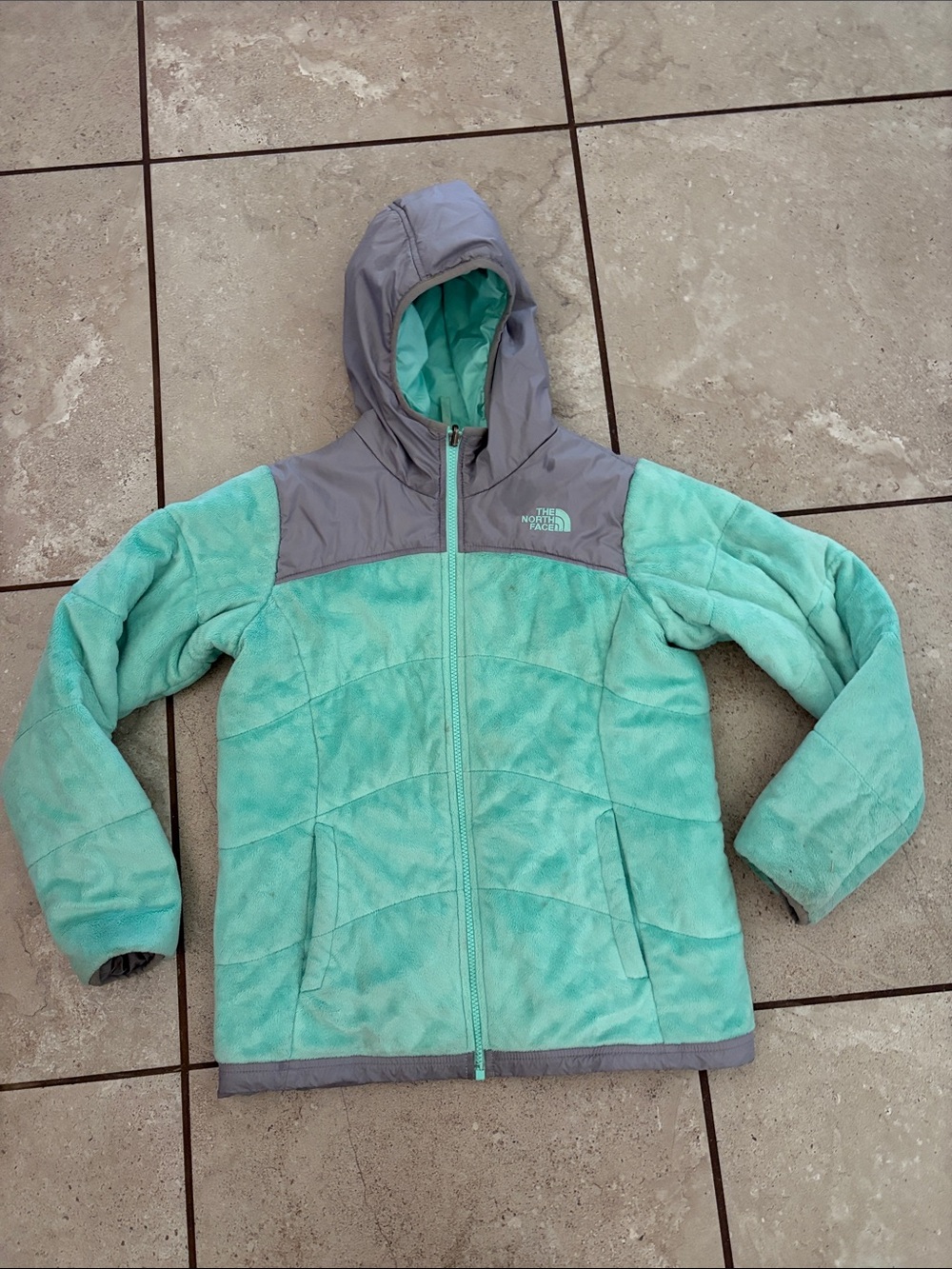 The North Face Girls' Mint Green and Gray Hooded Puffer Jacket Reversible